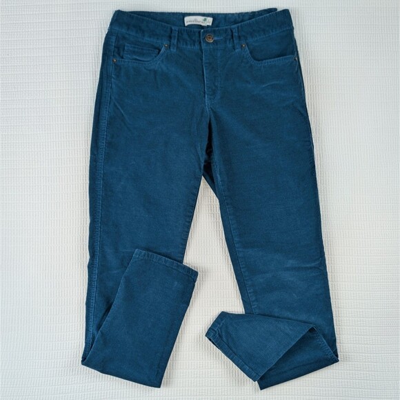 LL Bean Womens Corduroy Pants 2 Teal Blue Green Pinwale Mid Rise Tapered Stretch - Picture 1 of 9